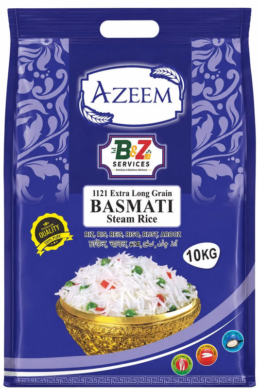 10KG - Basmati Steam Rice, Azeem 1121 Extra Long Grain