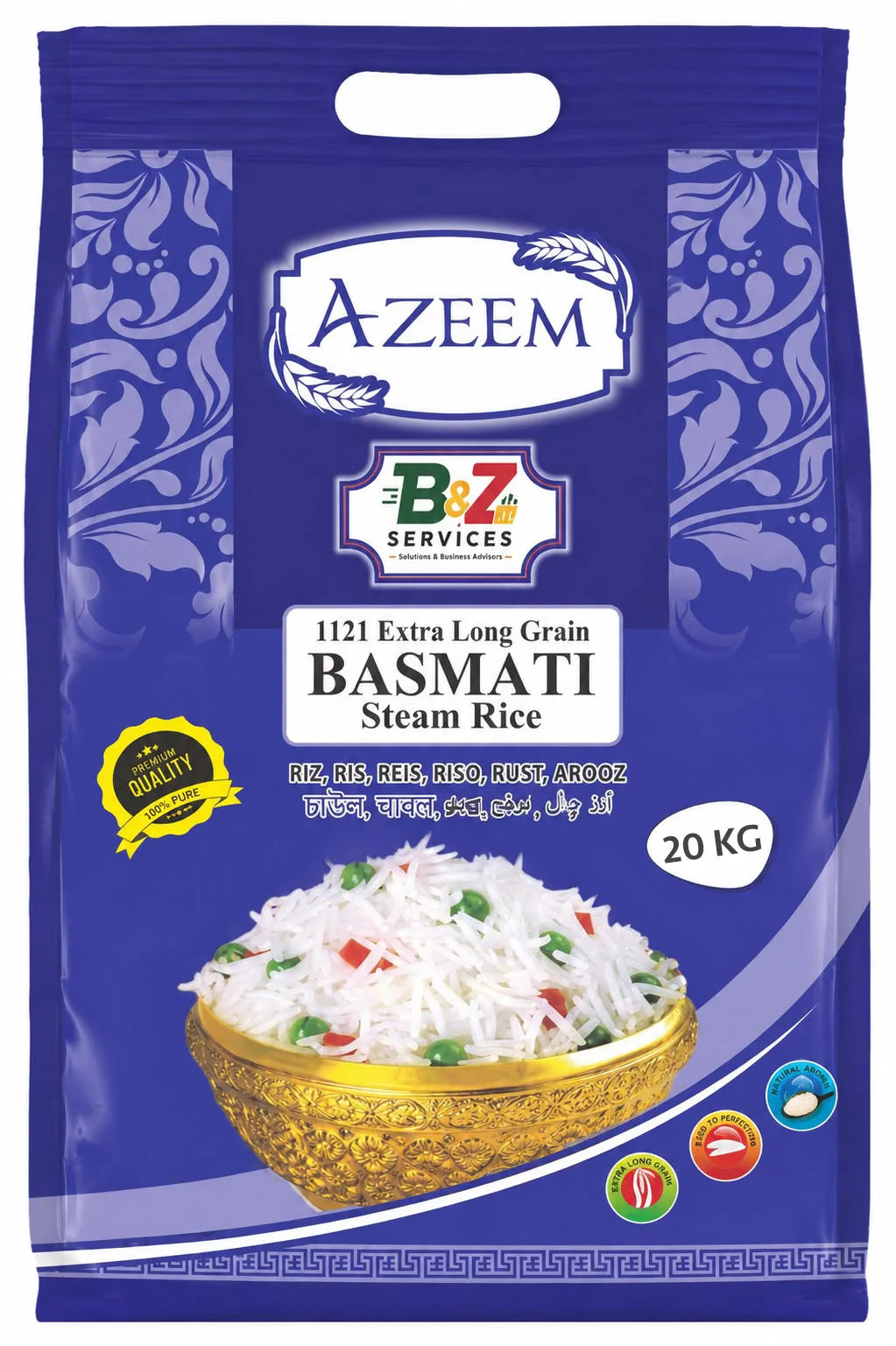 20KG - Basmati Steam Rice, Azeem 1121 Extra Long Grain