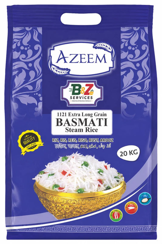 20KG - Basmati Steam Rice, Azeem 1121 Extra Long Grain
