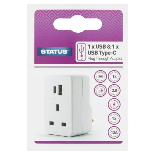 Status 13 AMP USB A + USB C Plug Through Adaptor Single